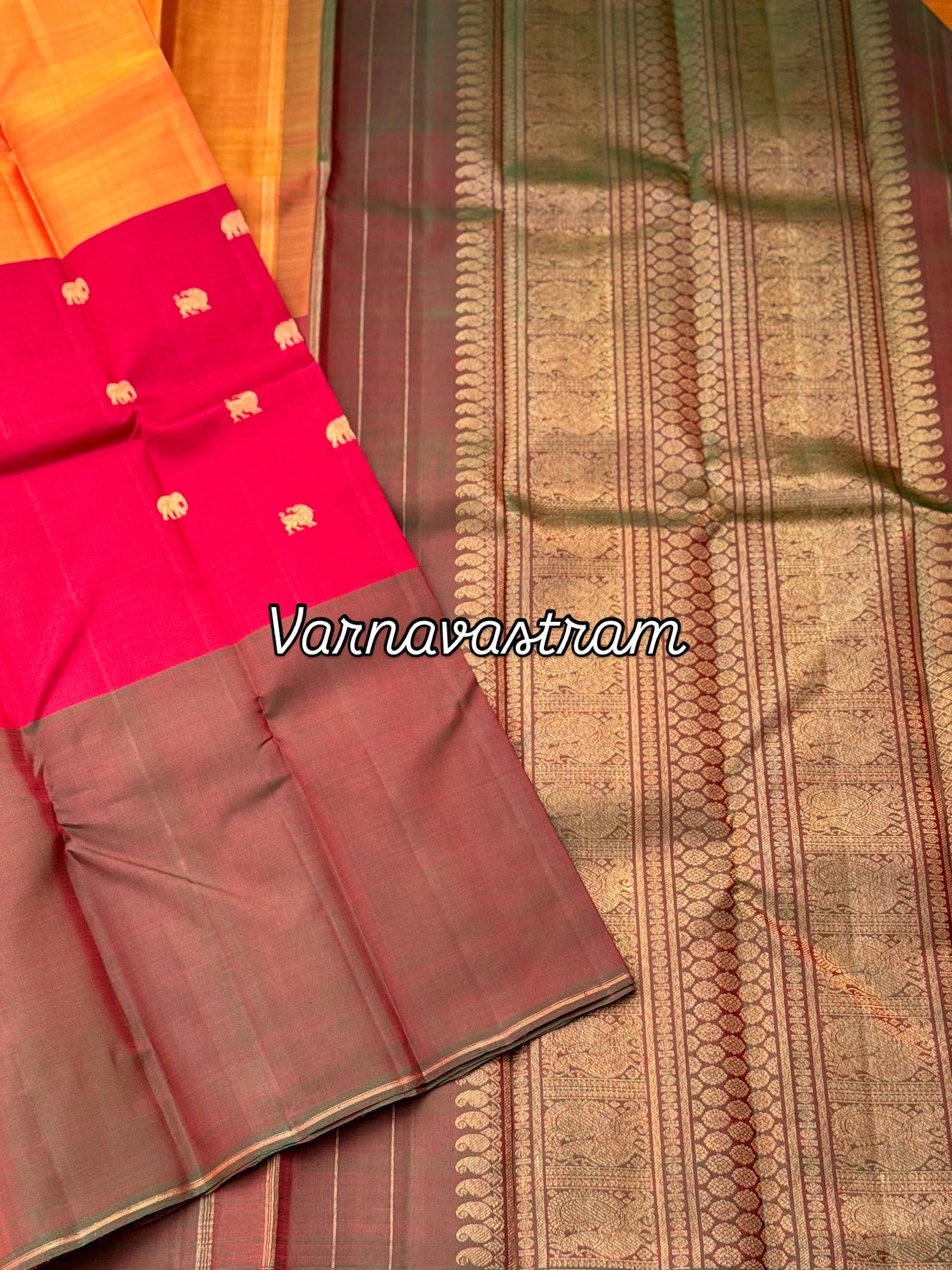 An elegant mubbagam 3 part korvai kanchivaram silk saree with yaali elephant motifs