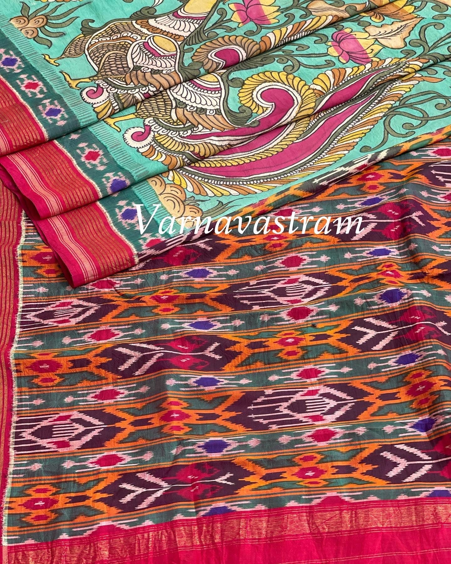 Penkalamkari Floral Handdrawn HandPainted Ikkat silk Saree