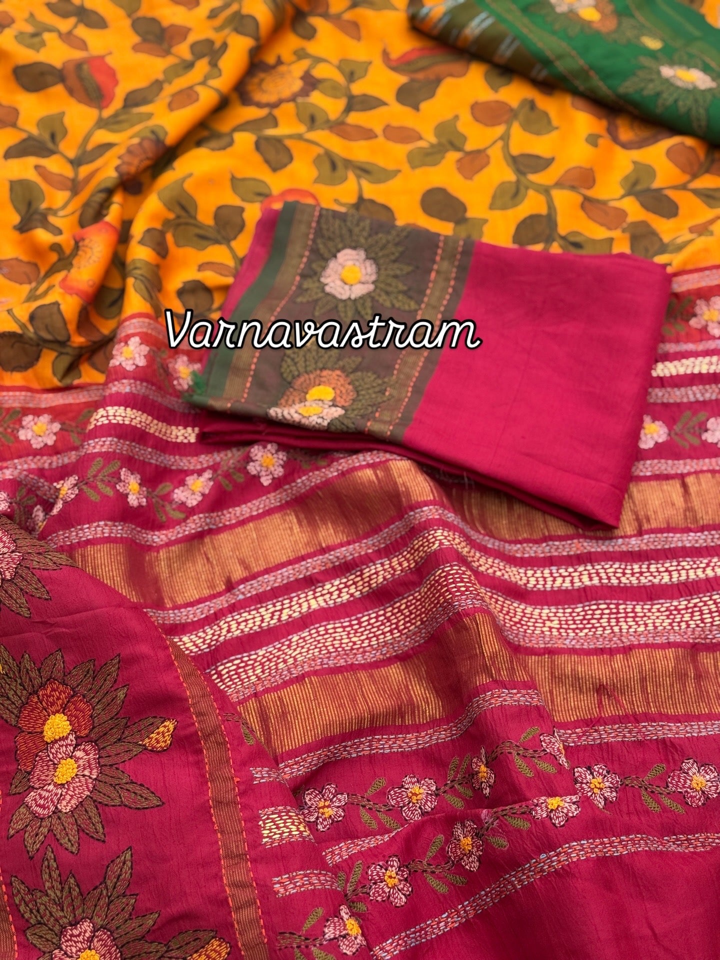 A masterpiece Kathawork handembroidery kanchivaram korvai silk saree with penkalamkari