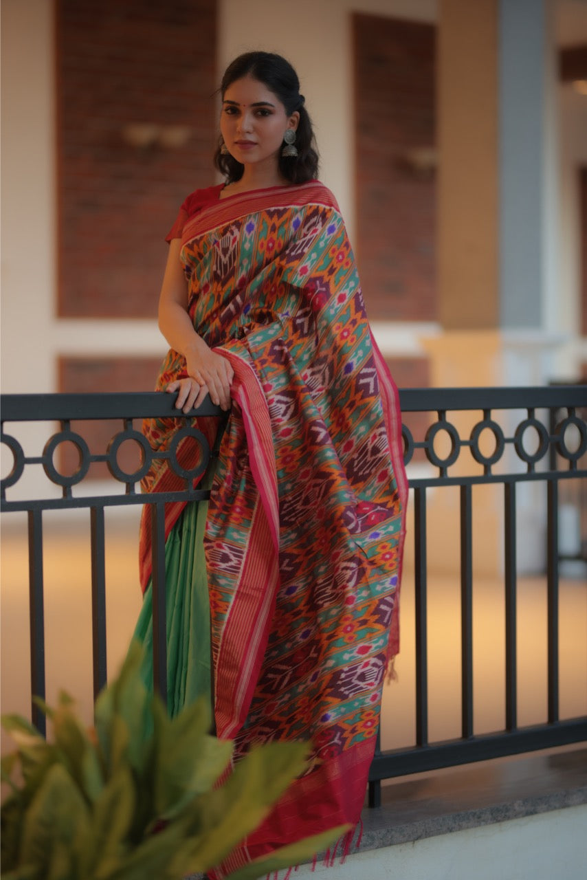 Designer Cut Brand Exclusive Uzbek Inspired Silk Ikkat Saree