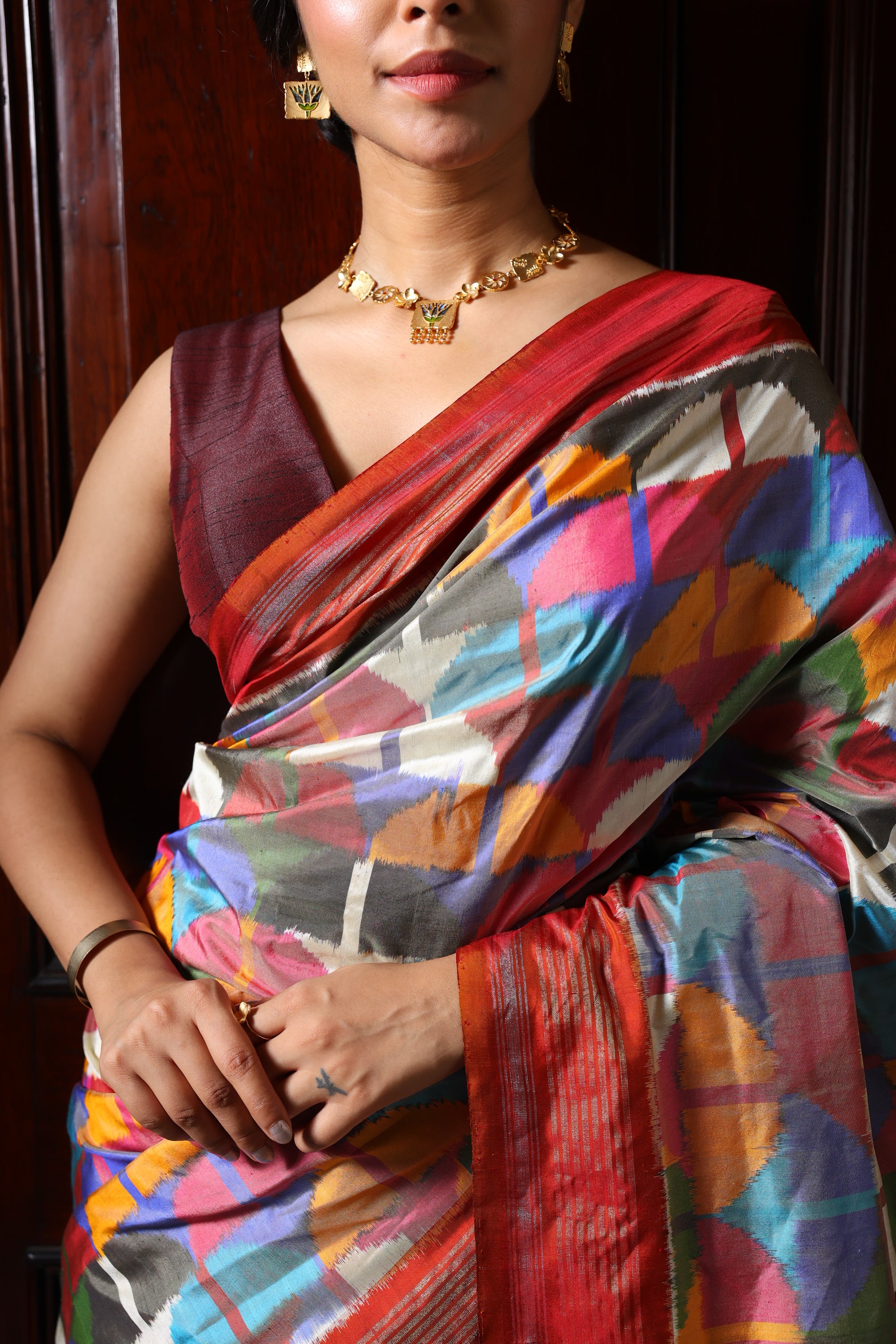 DESIGNER EXCLUSIVE Upscaled Multicolour block silk Ikkat saree