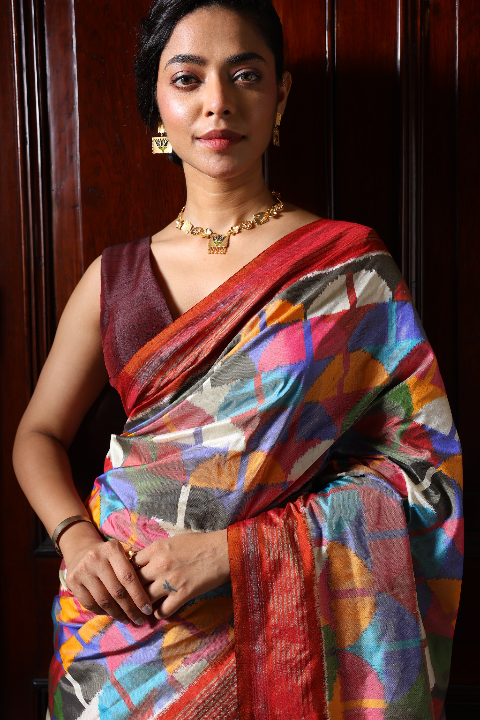 DESIGNER EXCLUSIVE Upscaled Multicolour block silk Ikkat saree