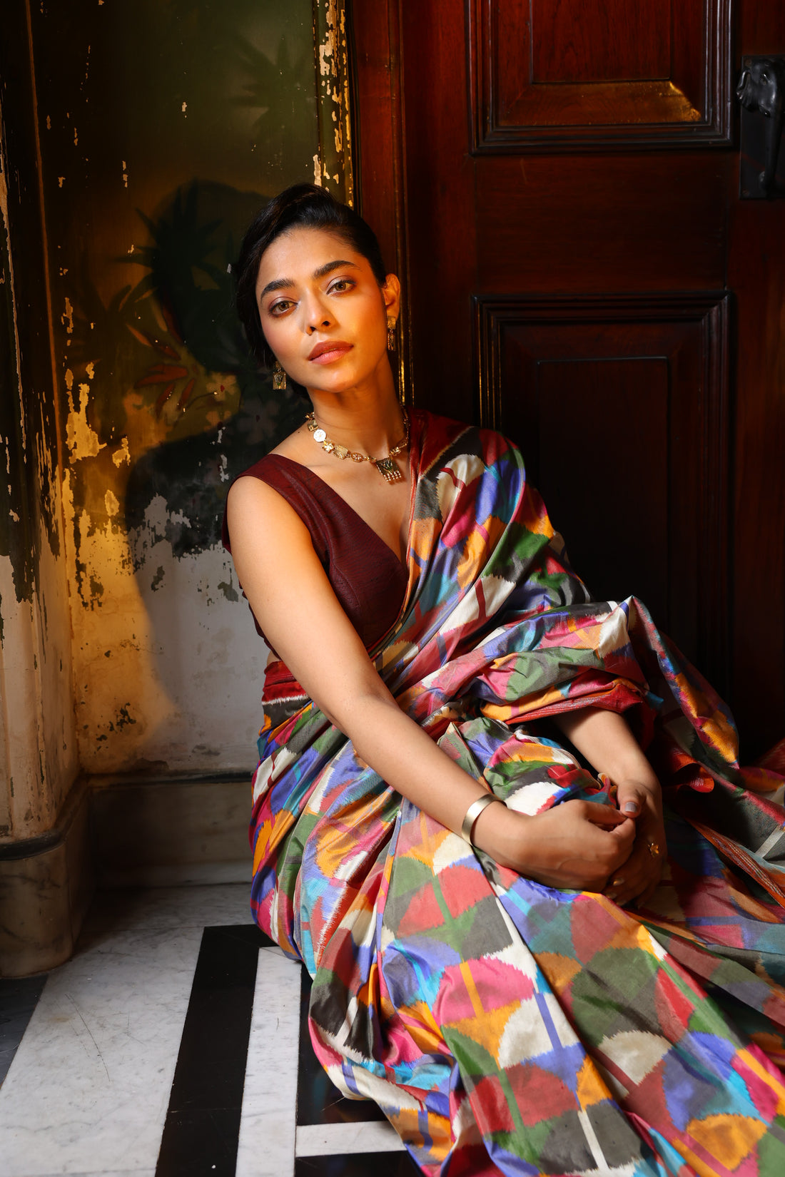 DESIGNER EXCLUSIVE Upscaled Multicolour block silk Ikkat saree