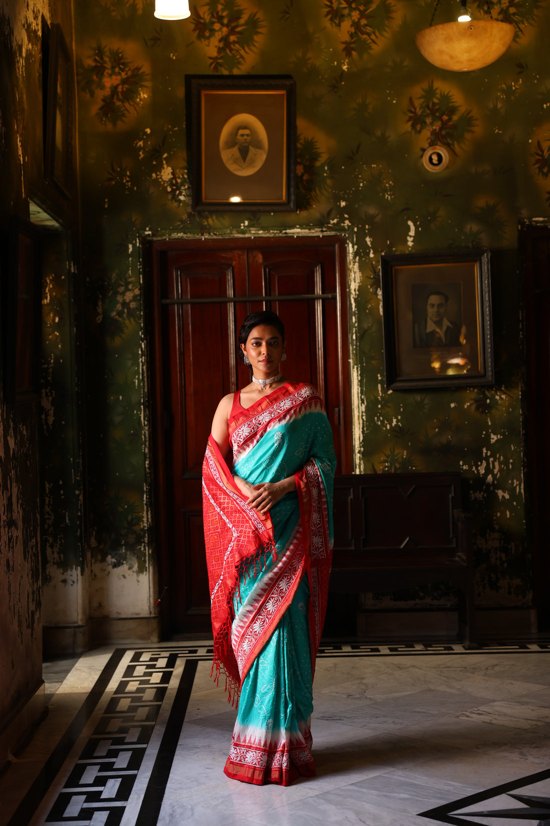 Fusion Rai Bhandej on ikkat silk with hand embroidery Chikankari work