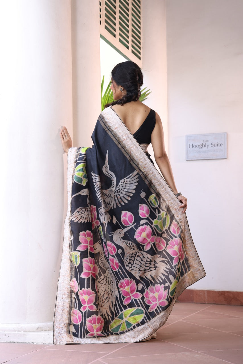 A stunner and exquisite concept curated handmade wax batik tussar by mulberry silk saree
