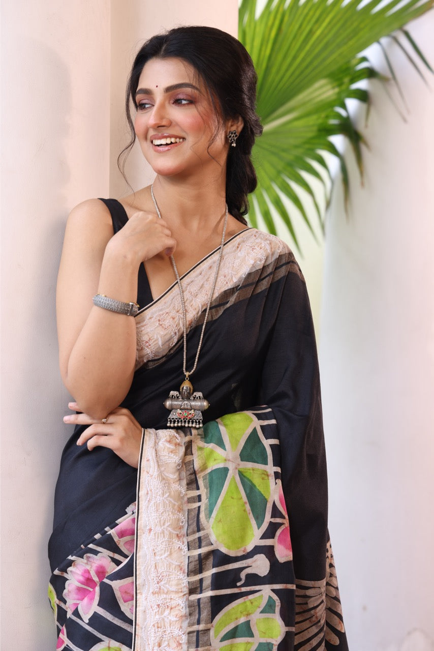 A stunner and exquisite concept curated handmade wax batik tussar by mulberry silk saree