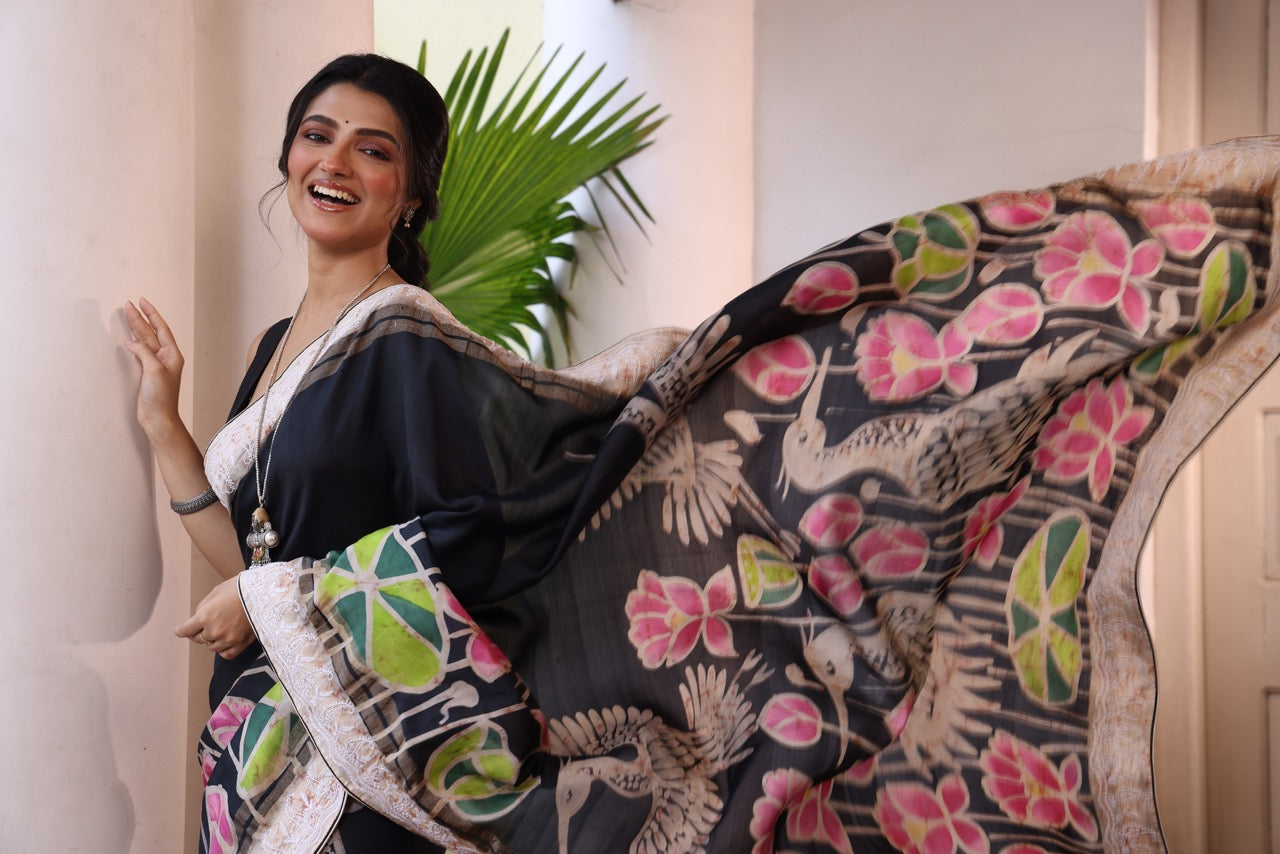 A stunner and exquisite concept curated handmade wax batik tussar by mulberry silk saree