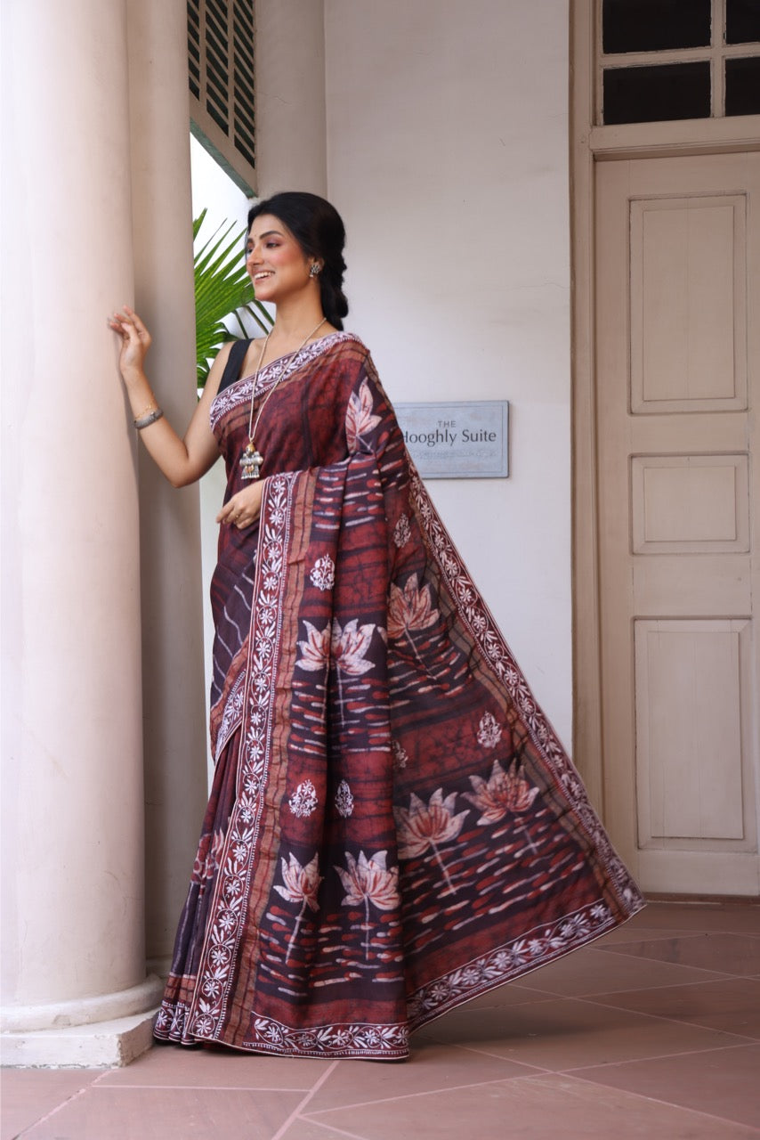 A stunner and exquisite concept curated handmade wax batik tussar by mulberry silk saree