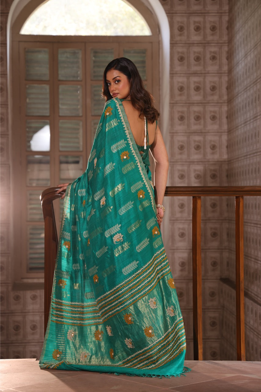 Pure handwoven matka silk saree with kutch mirror embroidered work