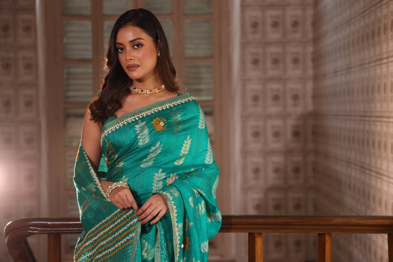 Pure handwoven matka silk saree with kutch mirror embroidered work