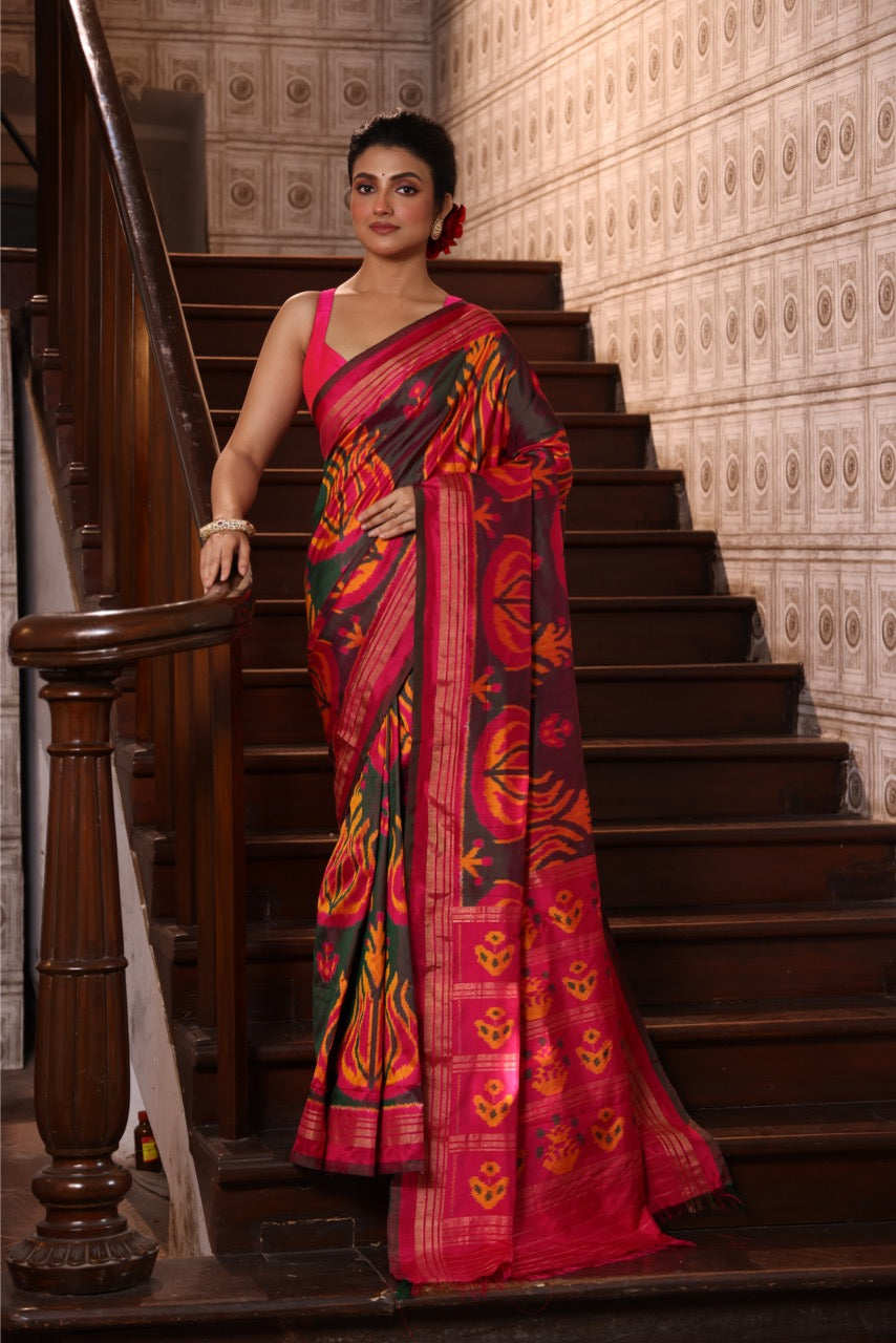 Designer Exclusive Vintage Uzbek Inspired Silk Ikkat With Tulip Motifs And Zari Pinstripe Saree