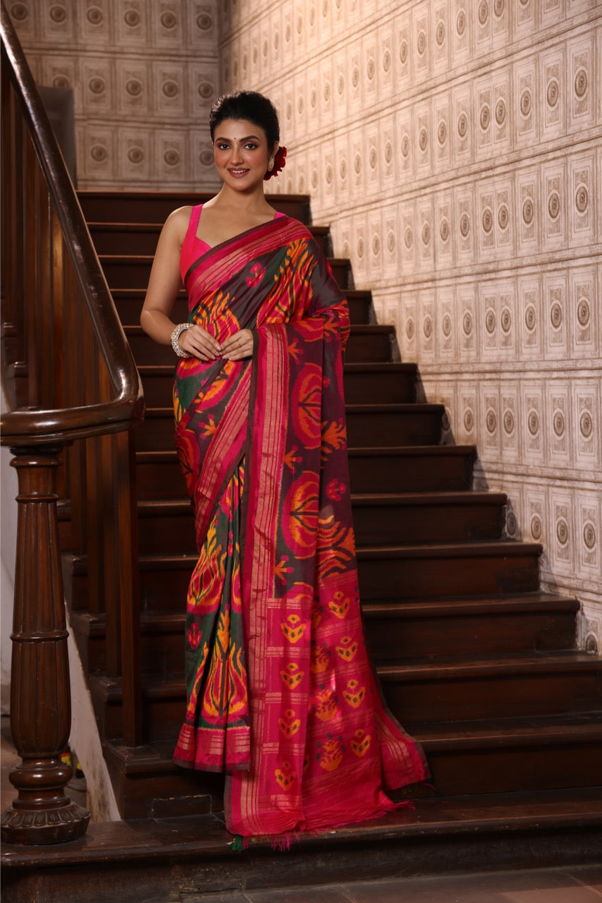Designer Exclusive Vintage Uzbek Inspired Silk Ikkat With Tulip Motifs And Zari Pinstripe Saree