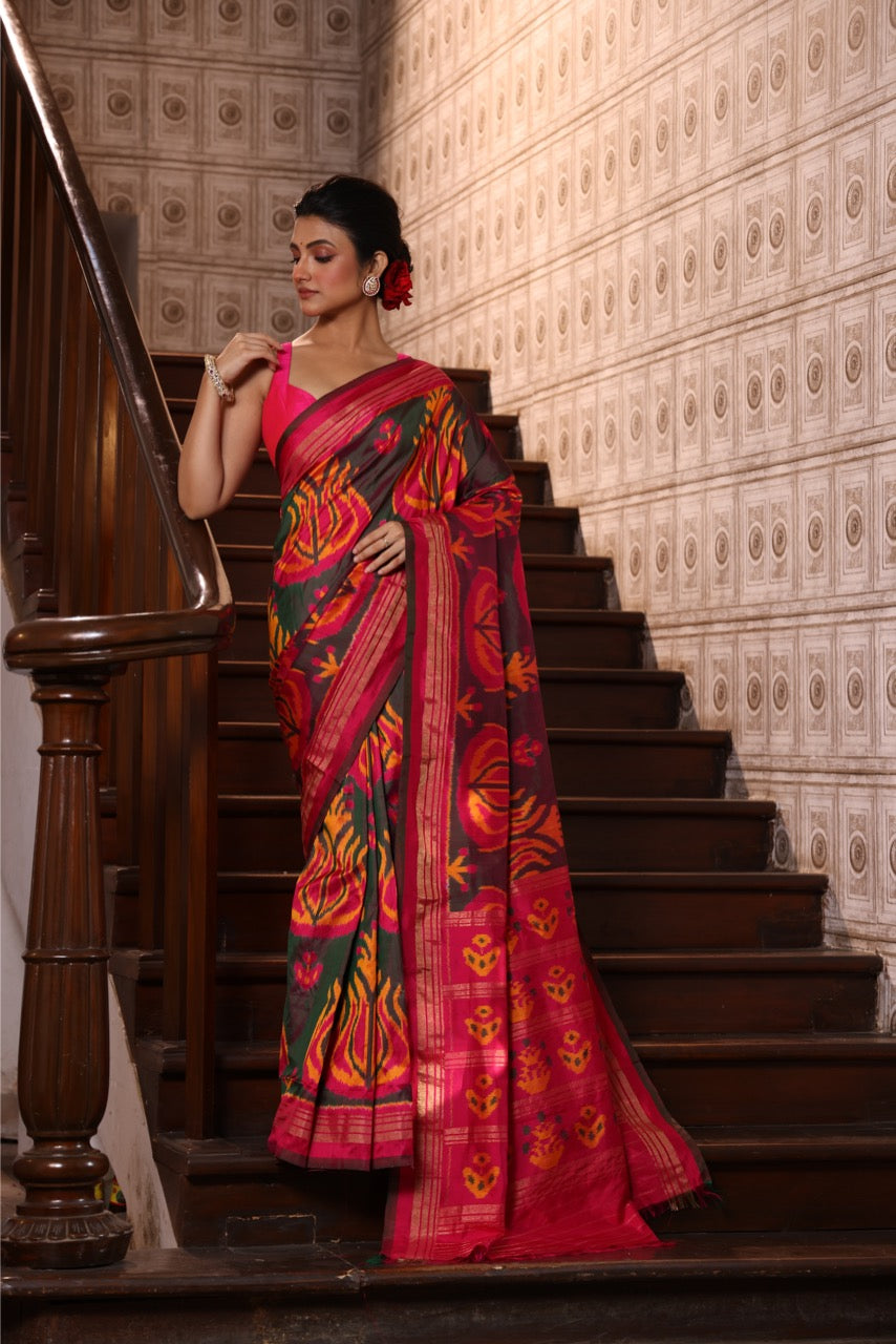 Designer Exclusive Vintage Uzbek Inspired Silk Ikkat With Tulip Motifs And Zari Pinstripe Saree