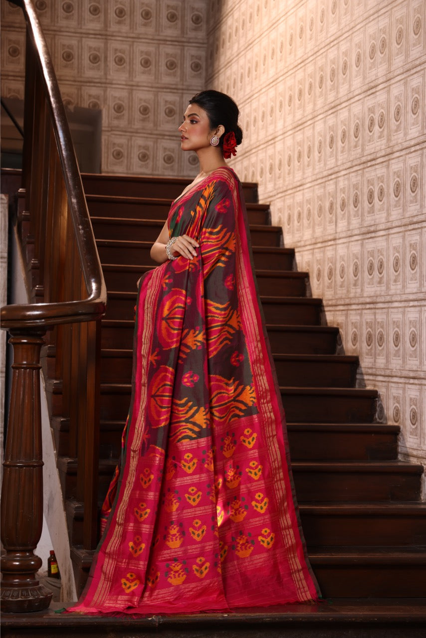 Designer Exclusive Vintage Uzbek Inspired Silk Ikkat With Tulip Motifs And Zari Pinstripe Saree