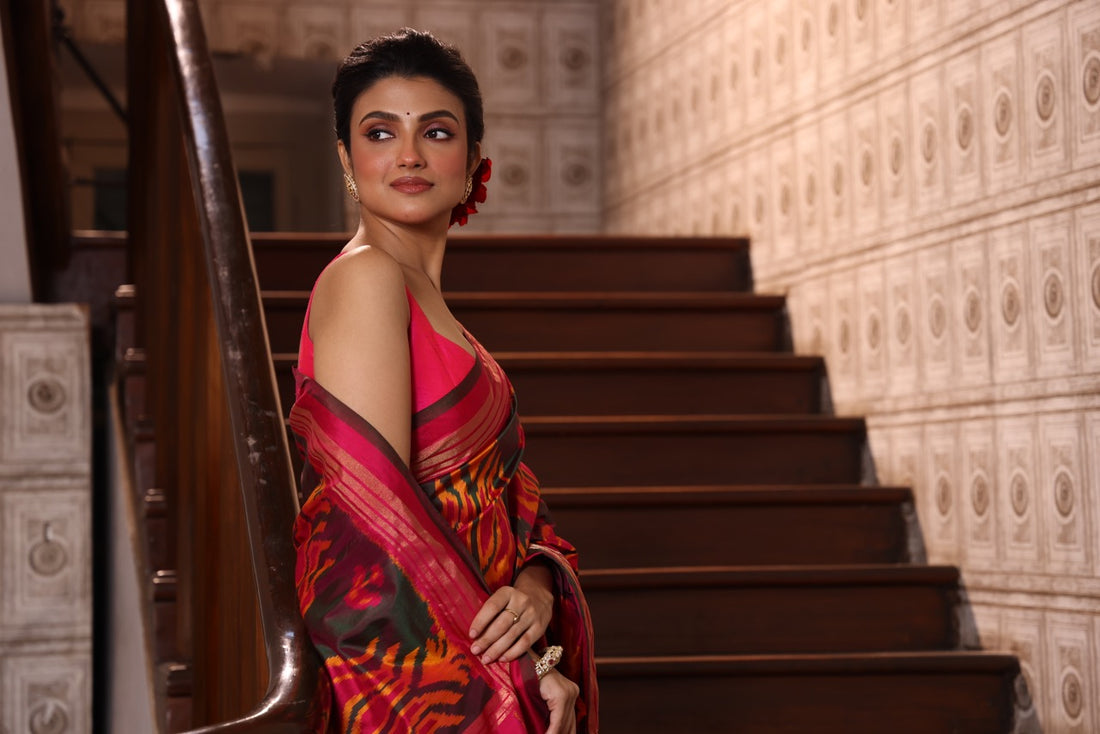 Designer Exclusive Vintage Uzbek Inspired Silk Ikkat With Tulip Motifs And Zari Pinstripe Saree