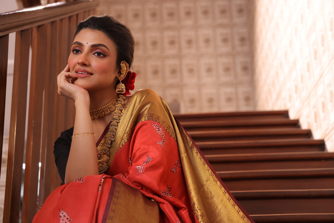 A Gorgeous Salmon Pink NUI Shibori with Katha hand embroidery korvai kanchivaram silk saree