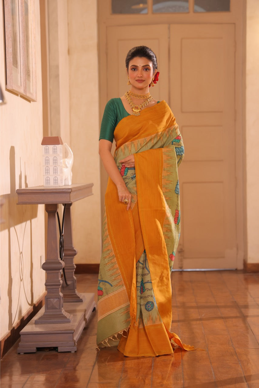 A Stunner Ramayana penkalamkari scripts kanchivaram silk saree