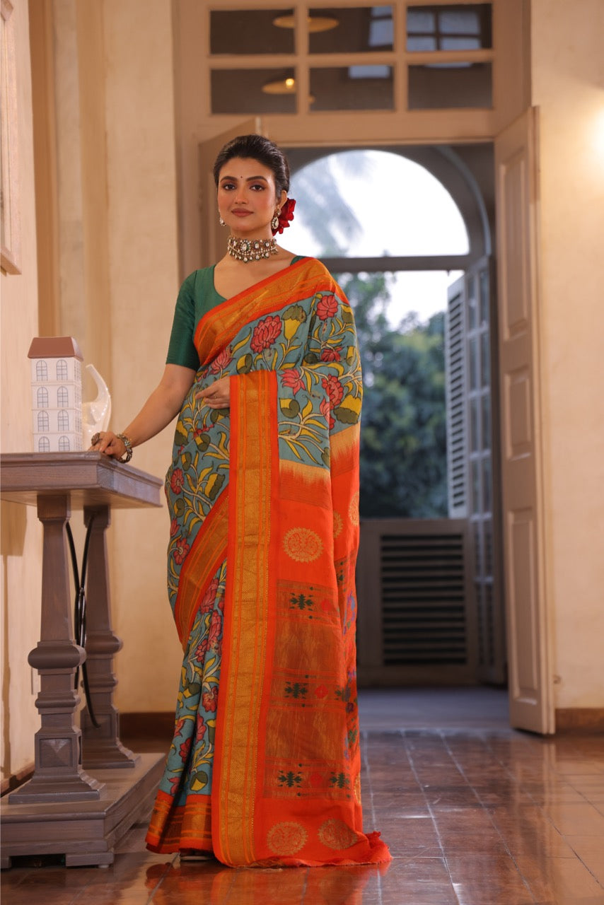 An Uber chic handwoven maharani paithani silk saree with handdrawn and handpainted penkalamkari
