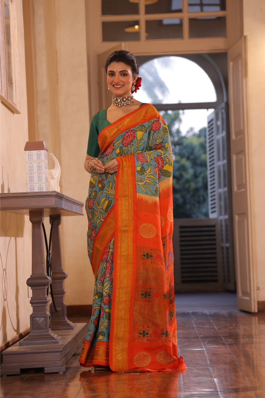 An Uber chic handwoven maharani paithani silk saree with handdrawn and handpainted penkalamkari