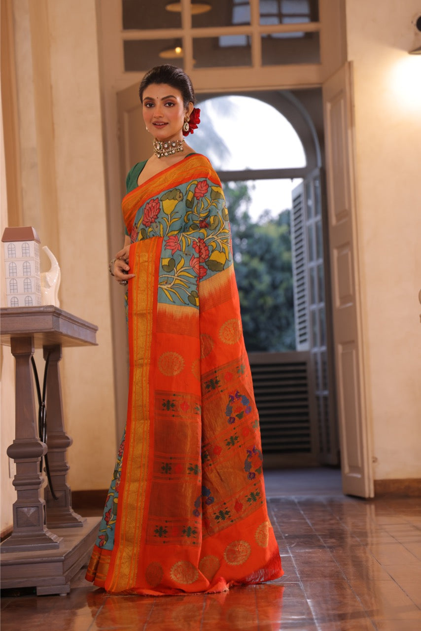 An Uber chic handwoven maharani paithani silk saree with handdrawn and handpainted penkalamkari