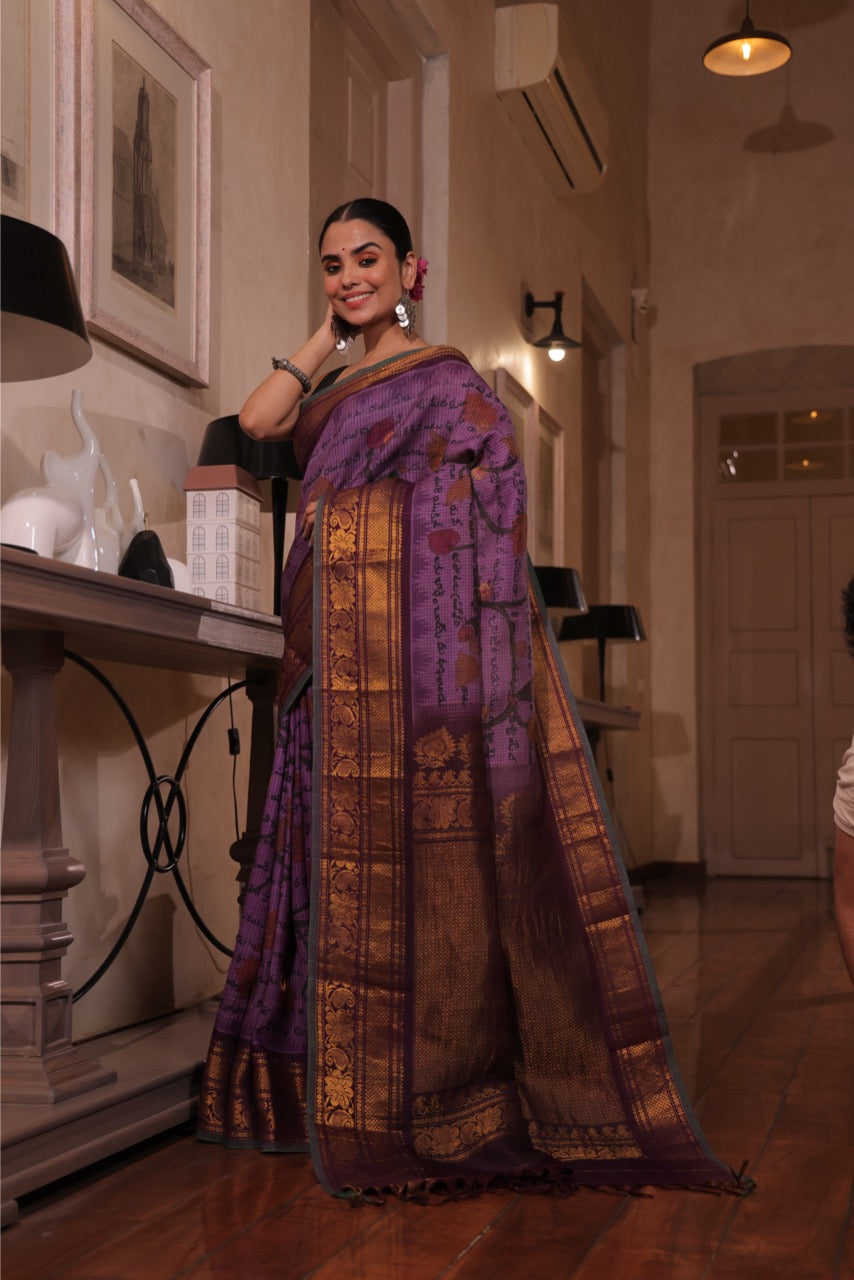 A gorgeous kuttu gadwal silk saree with handdrawn handpainted penkalamkari