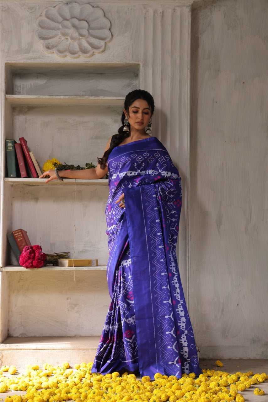 A stupendous bluish purple with pink Cambodian inspired museum archive silk ikkat saree