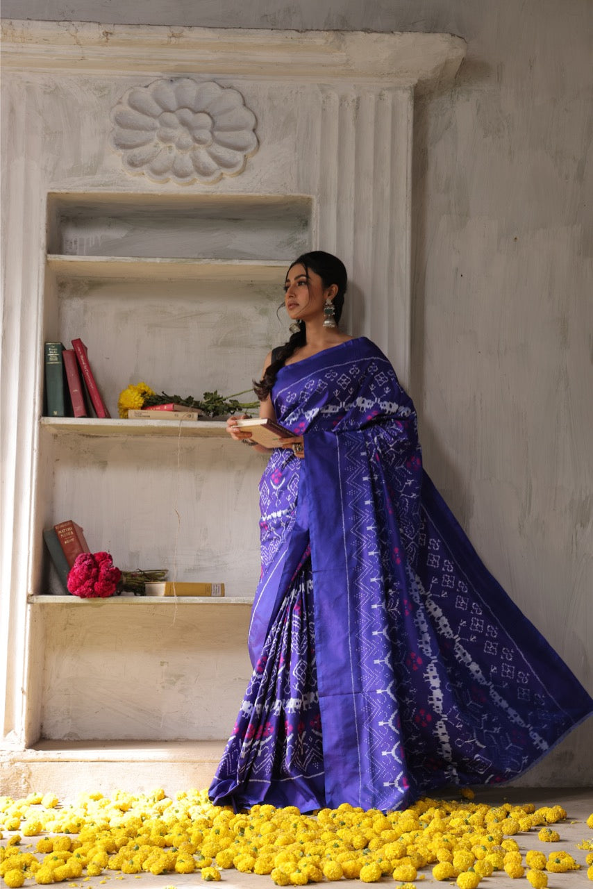 A stupendous bluish purple with pink Cambodian inspired museum archive silk ikkat saree