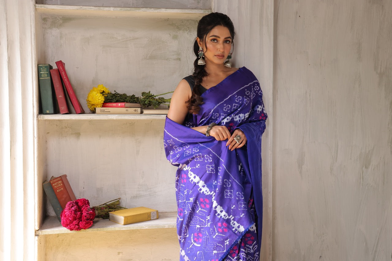 A stupendous bluish purple with pink Cambodian inspired museum archive silk ikkat saree