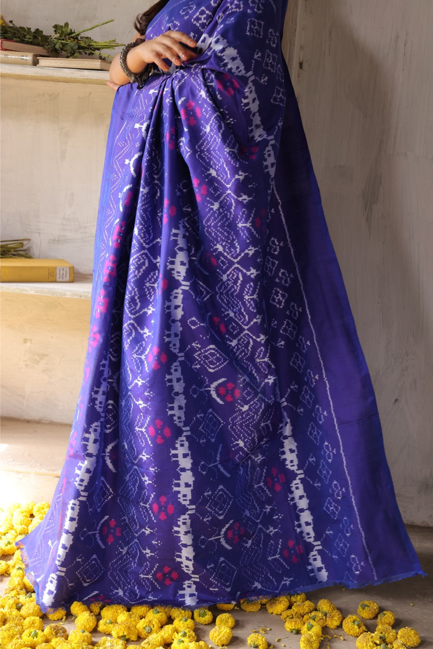 A stupendous bluish purple with pink Cambodian inspired museum archive silk ikkat saree