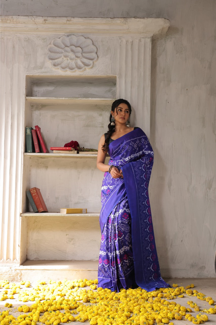 A stupendous bluish purple with pink Cambodian inspired museum archive silk ikkat saree