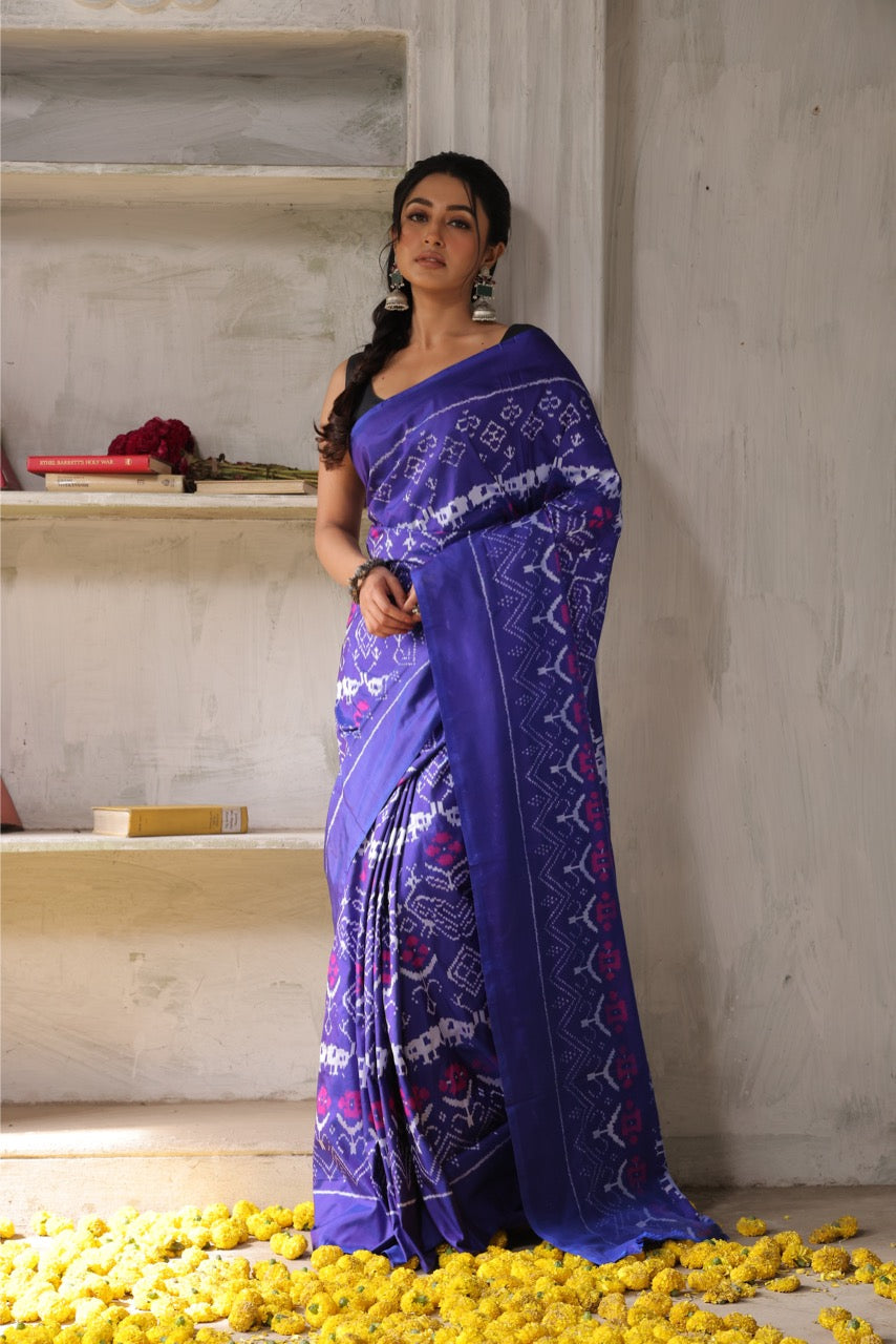 A stupendous bluish purple with pink Cambodian inspired museum archive silk ikkat saree