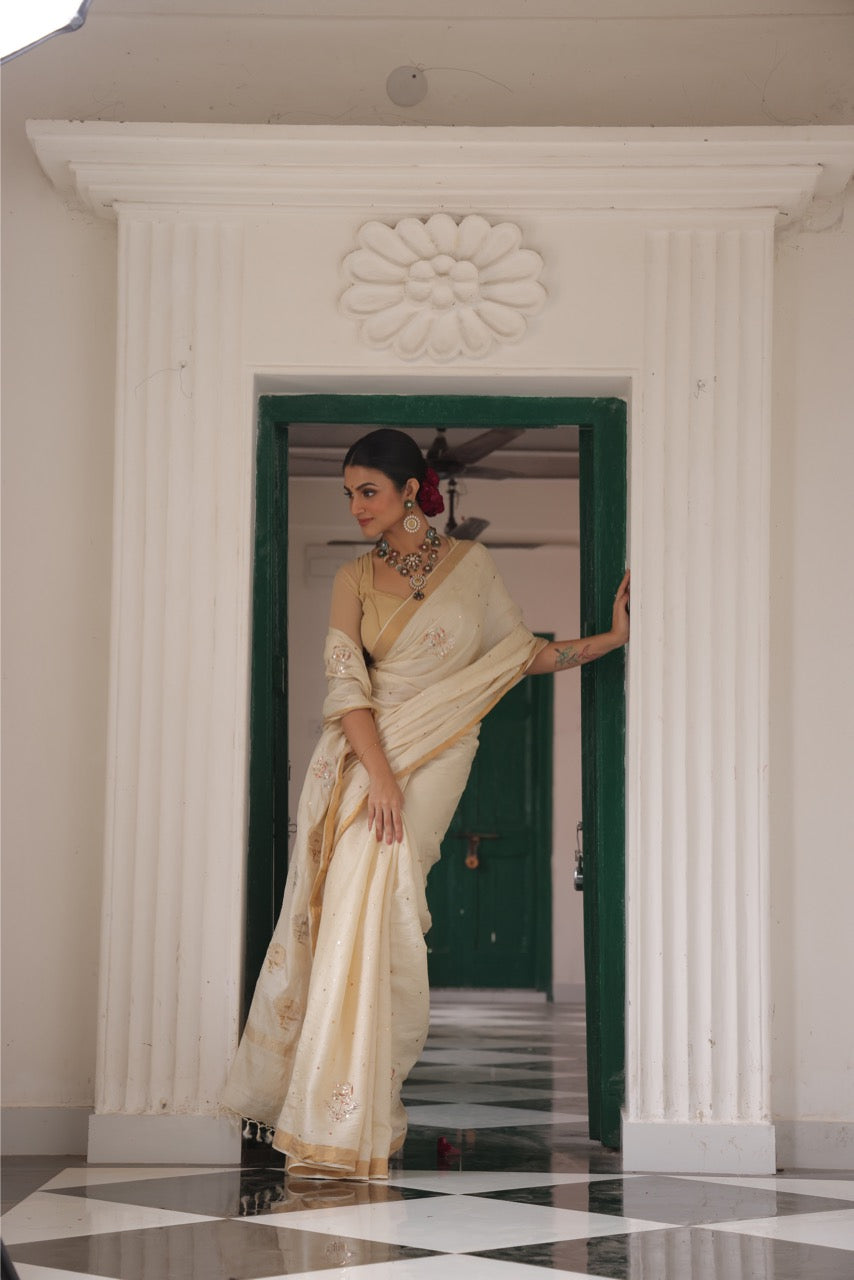 Stunner mukesh badla work tussar by mulberry silk saree with jacquard weave florals on pallu