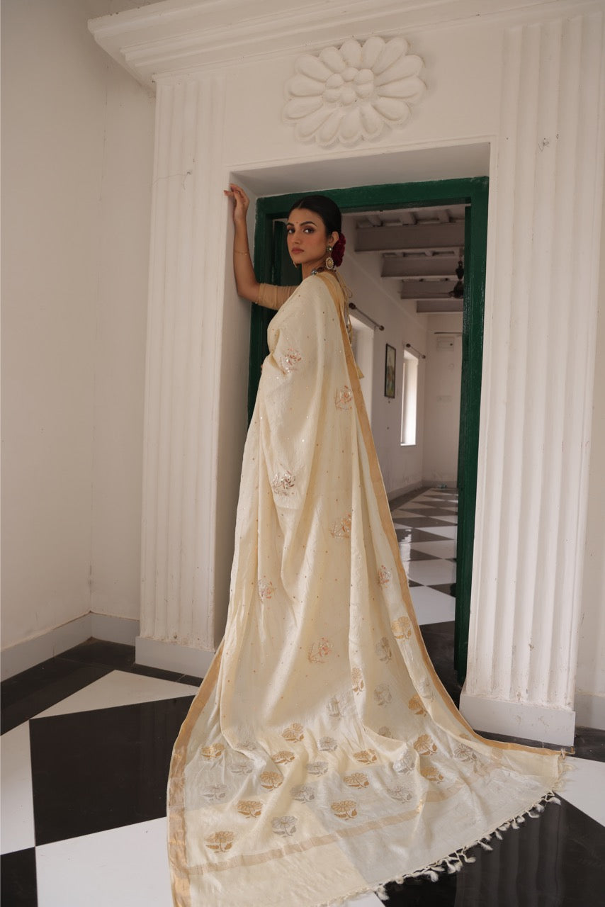 Stunner mukesh badla work tussar by mulberry silk saree with jacquard weave florals on pallu