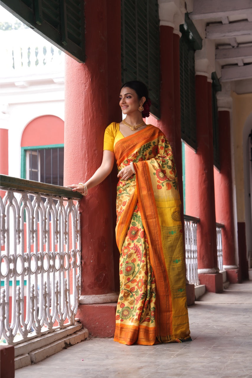 A gorgeous maharani paithani silk saree with handdrawn handpainted penkalamkari