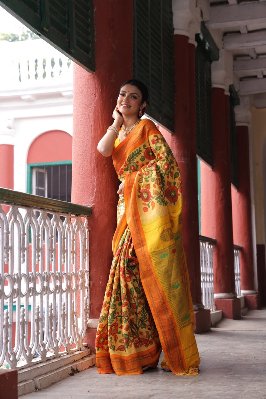 A gorgeous maharani paithani silk saree with handdrawn handpainted penkalamkari