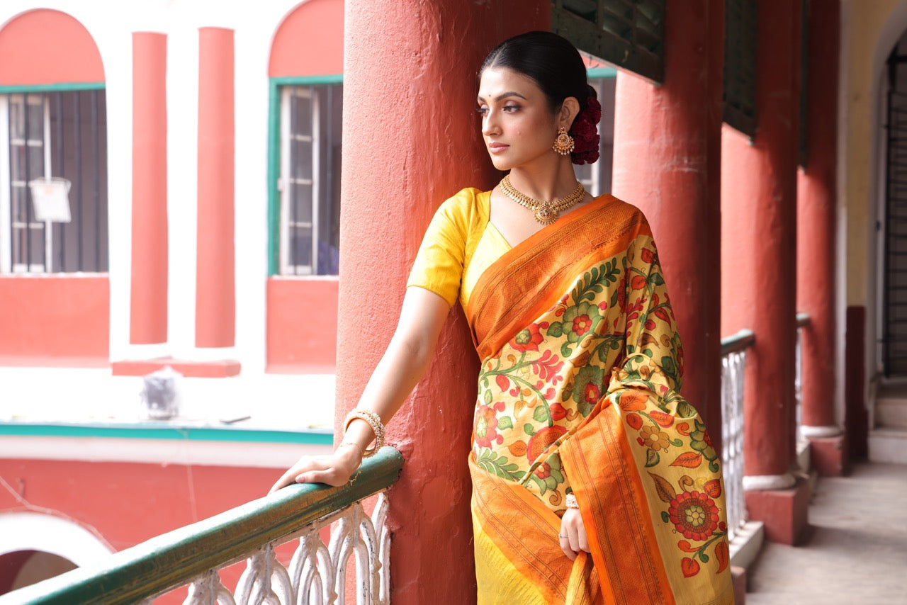 A gorgeous maharani paithani silk saree with handdrawn handpainted penkalamkari