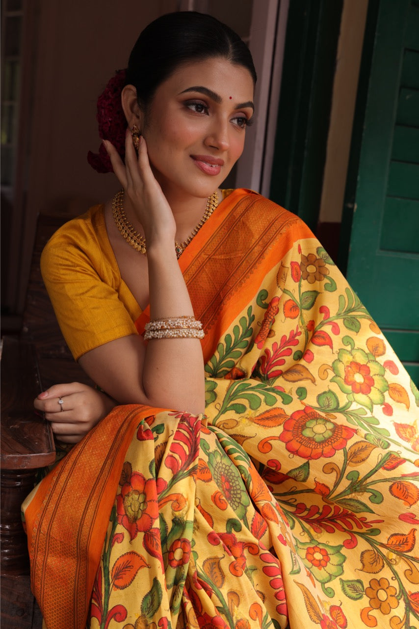 A gorgeous maharani paithani silk saree with handdrawn handpainted penkalamkari