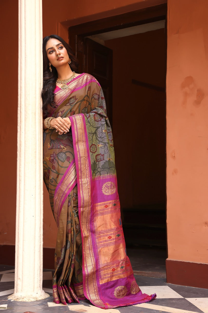 Paithani Penkalamkari silk saree in dual tone cyan blue with gold shade