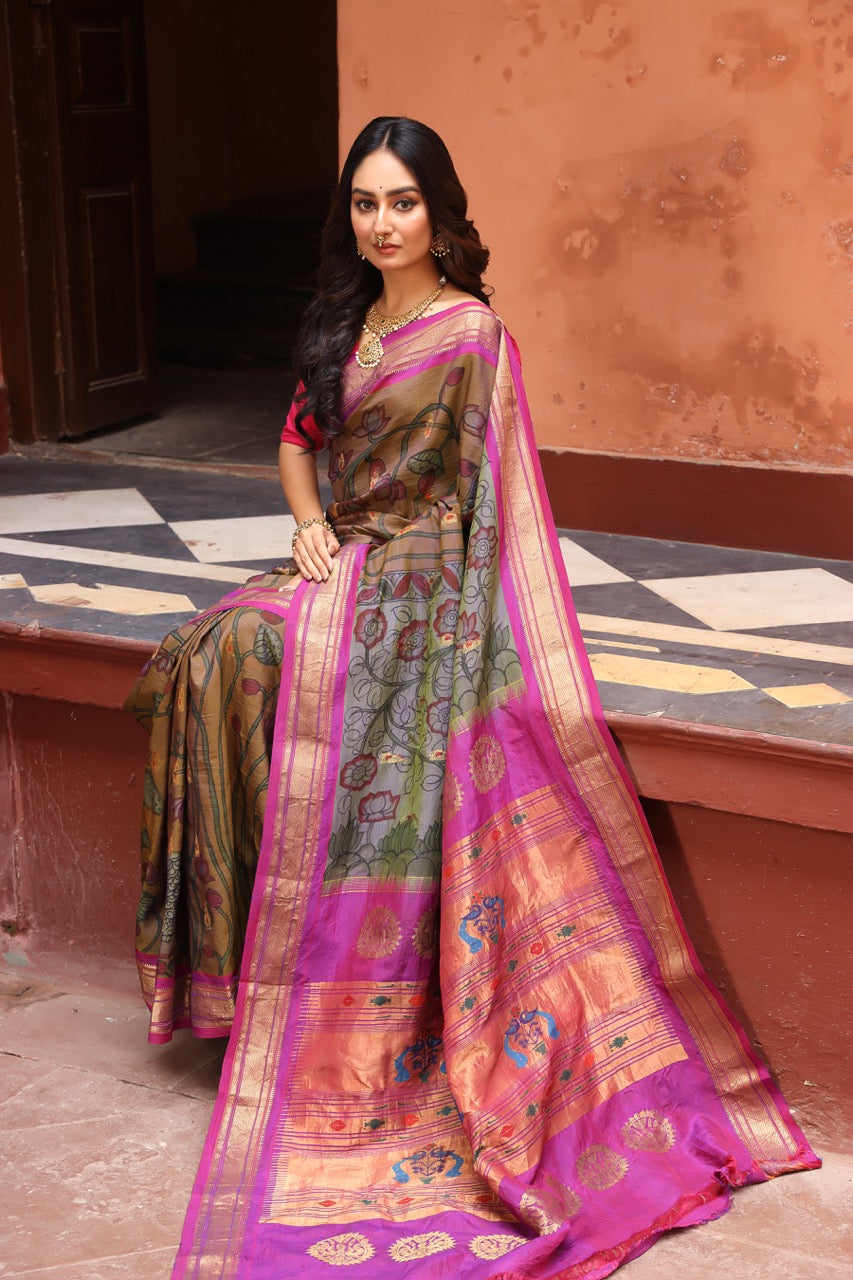 Handdrawn handprinted Meenakari Paithani silk Saree with penkalamkari