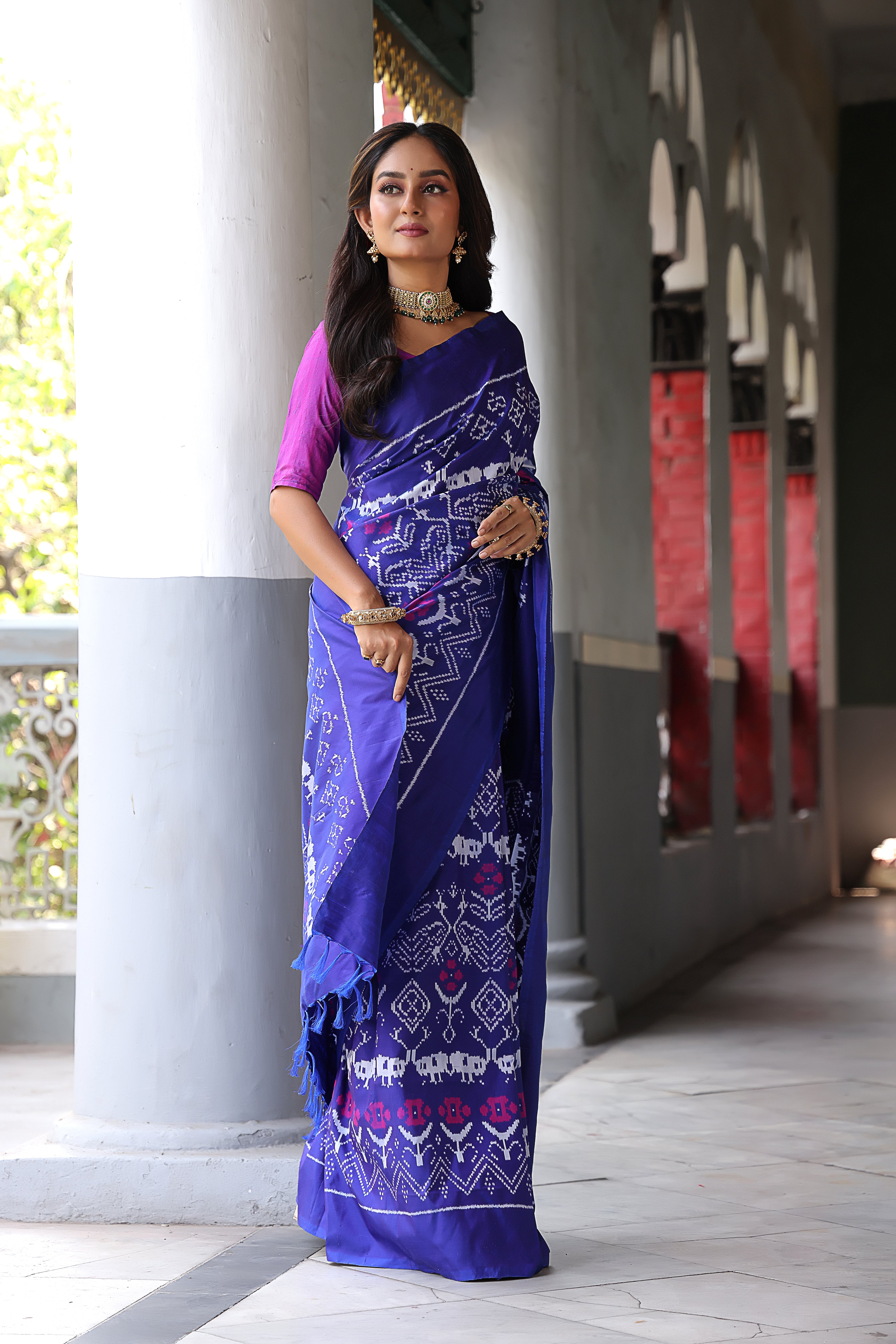 A stupendous bluish purple with pink Cambodian inspired museum archive silk ikkat saree
