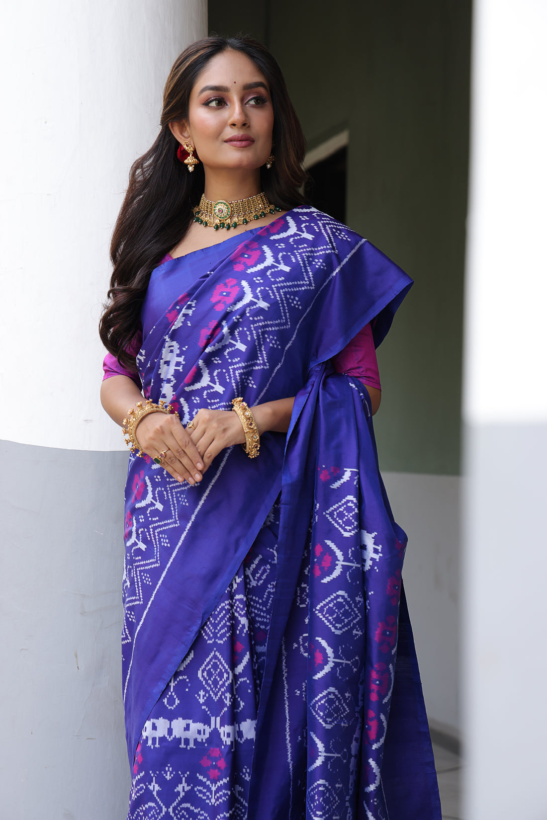 A stupendous bluish purple with pink Cambodian inspired museum archive silk ikkat saree