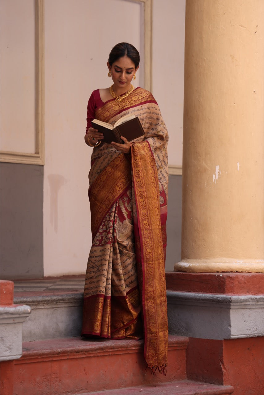 Complete Hand Drawn And Hand Painted Dasavatharam Penkalamkari In Gadwal Silk Saree