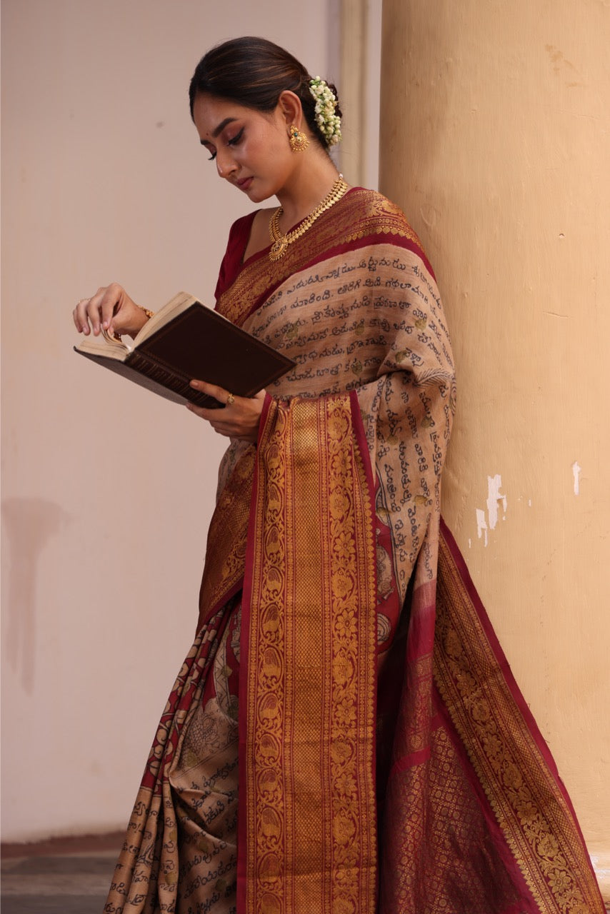 Complete Hand Drawn And Hand Painted Dasavatharam Penkalamkari In Gadwal Silk Saree