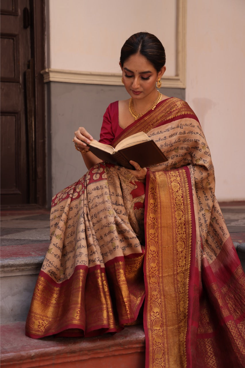 Complete Hand Drawn And Hand Painted Dasavatharam Penkalamkari In Gadwal Silk Saree