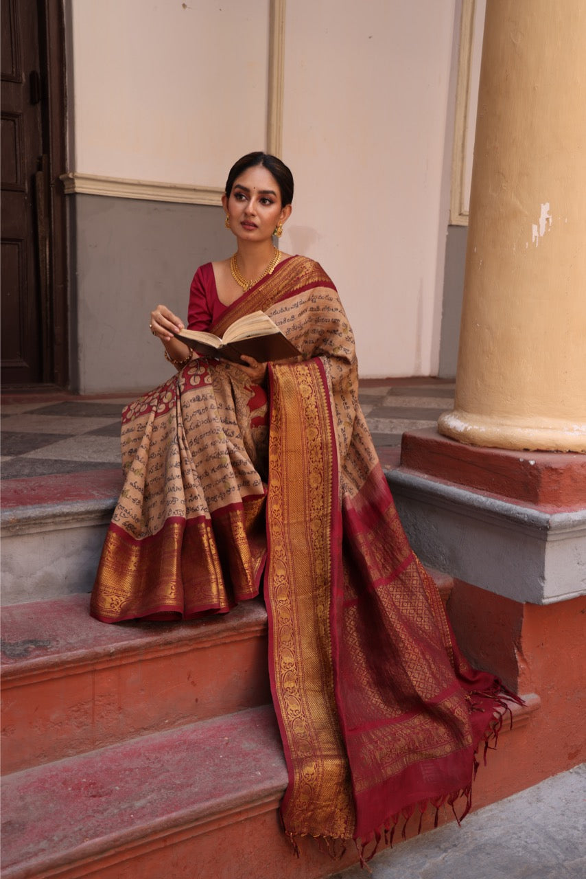 Complete Hand Drawn And Hand Painted Dasavatharam Penkalamkari In Gadwal Silk Saree