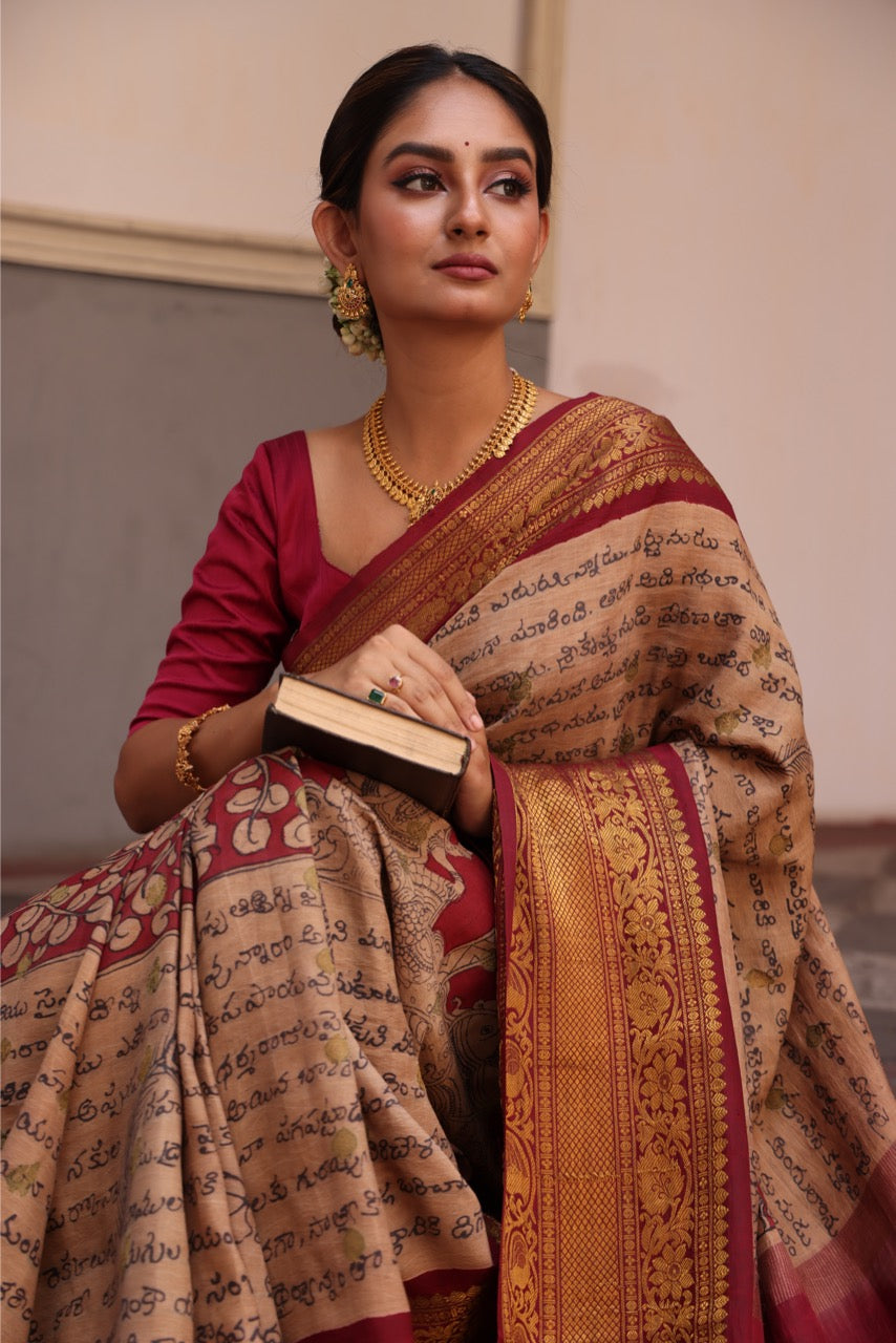 Complete Hand Drawn And Hand Painted Dasavatharam Penkalamkari In Gadwal Silk Saree