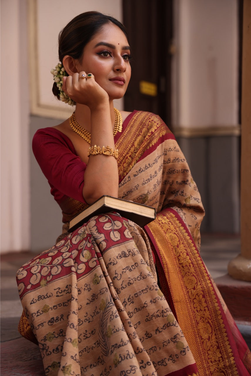 Complete Hand Drawn And Hand Painted Dasavatharam Penkalamkari In Gadwal Silk Saree