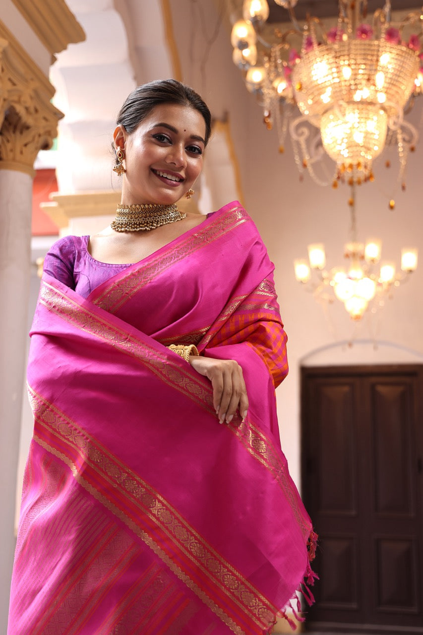 PARAMPARA Kanchivaram silk saree with alternate korvai and pattanikattam checks with adai weave