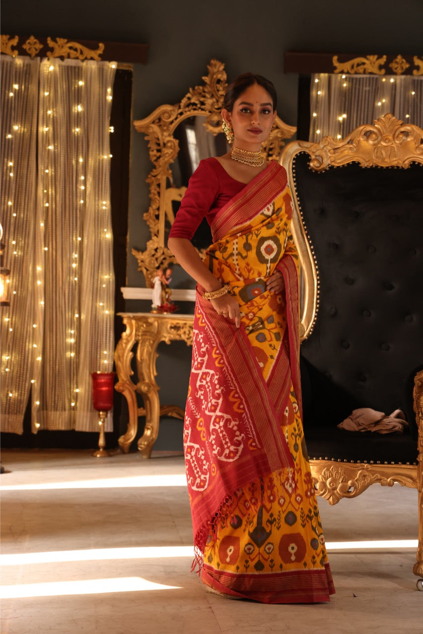 A stunner mustard yellow by deep burgundy premium tussar by mulberry silk ikkat SAREE