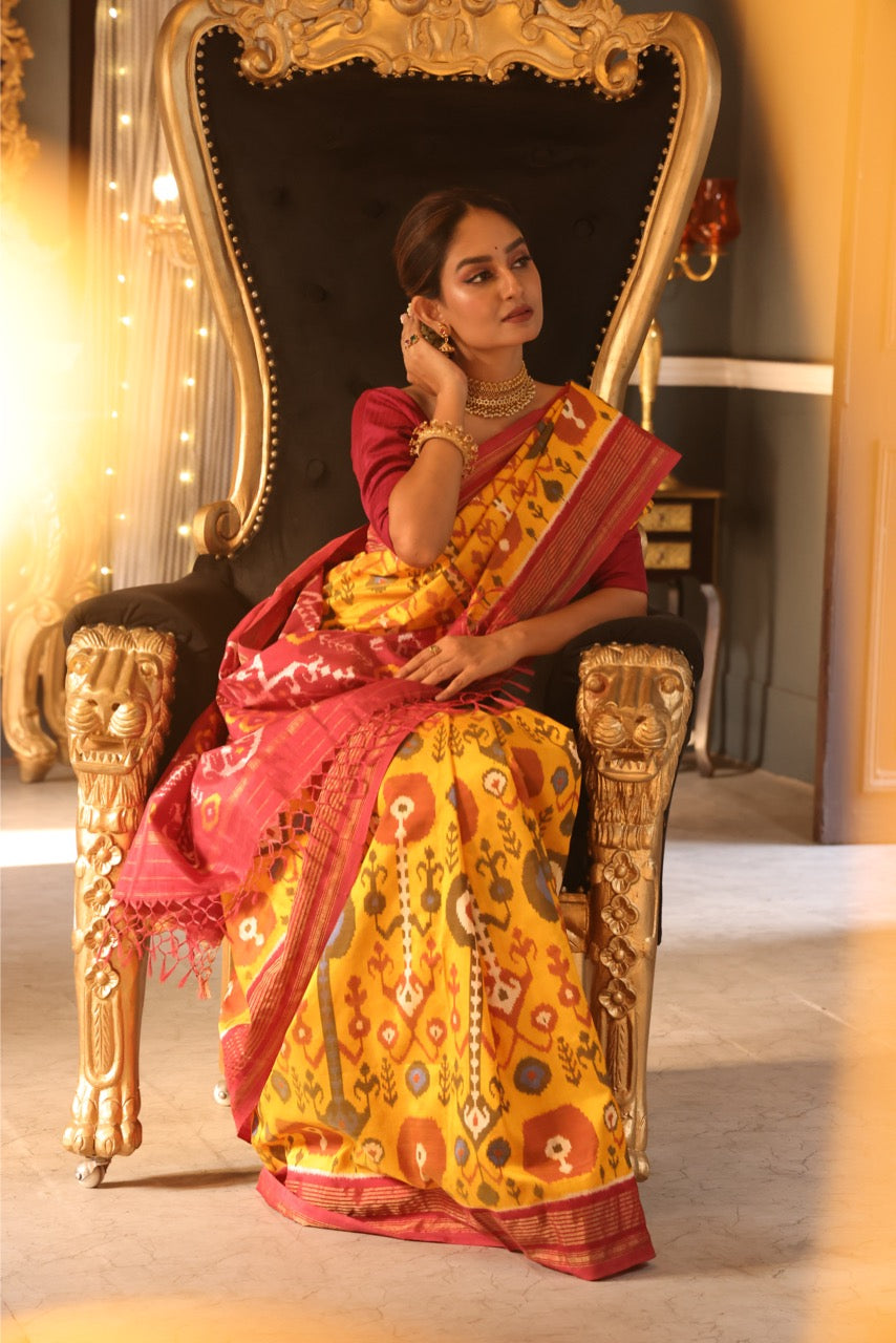 A stunner mustard yellow by deep burgundy premium tussar by mulberry silk ikkat SAREE